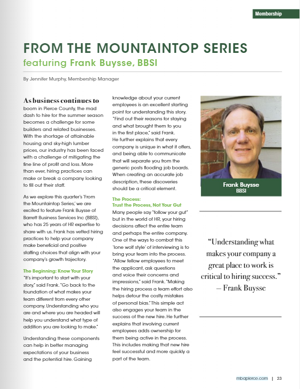 BBSI Area Manager Frank Buysse From the Mountaintop page 1