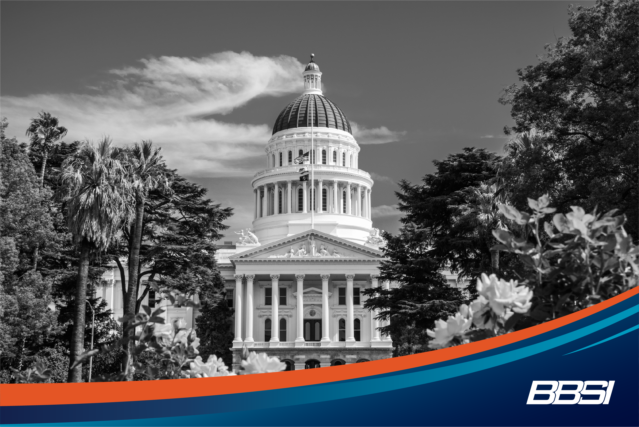 California State Capitol building, Sacramento, California; sunny day; beautiful yellow roses in the foreground