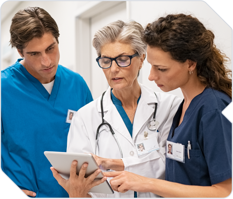 Physician examining her internal business operations with nurses