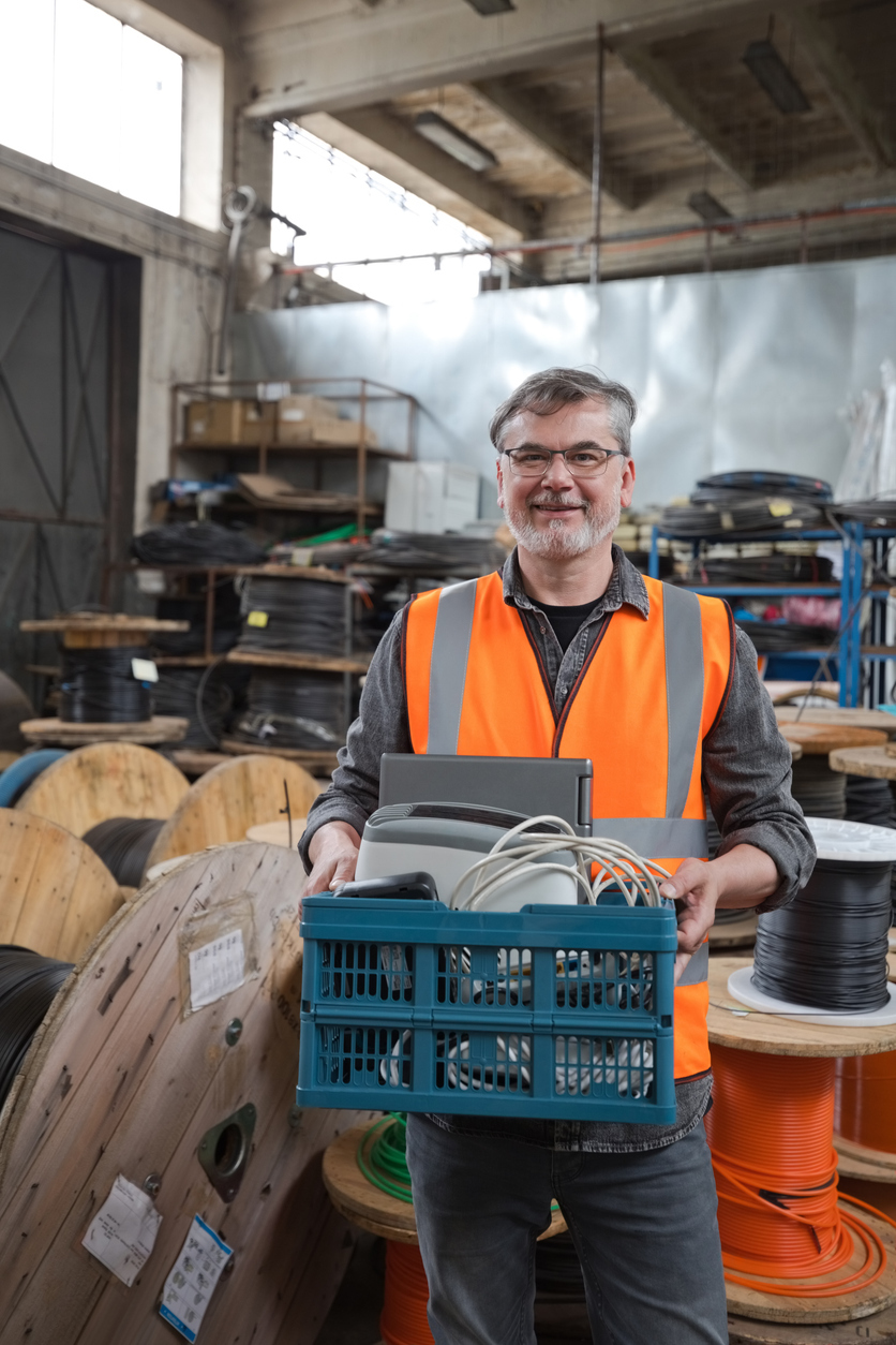 A volunteer recycling e-waste in a warehouse